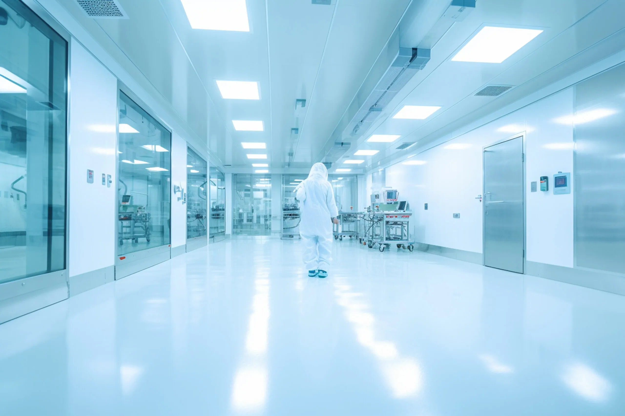 Gowned operator walking along a pharmaceutical cleanroom corridor